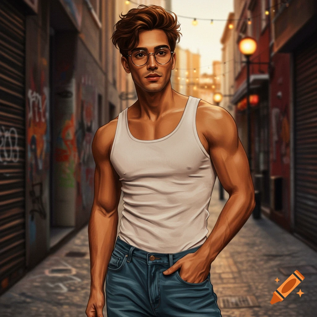 An illustrated man with brown hair and eyeglasses in a white tank top and jeans stands in an urban alley.