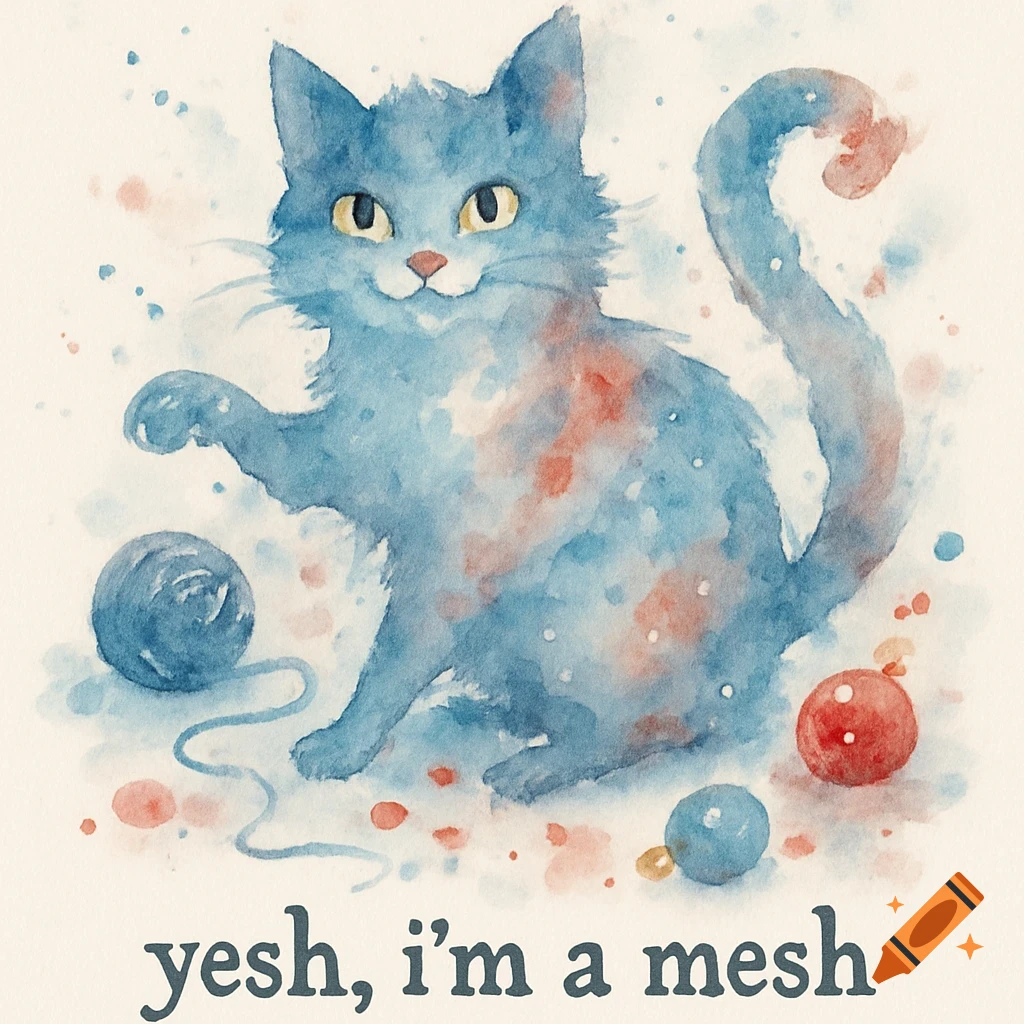 Watercolor painting of a blue cat with red and blue splatters, playing with yarn and ornaments. Text reads 'yesh, i'm a mesh'.