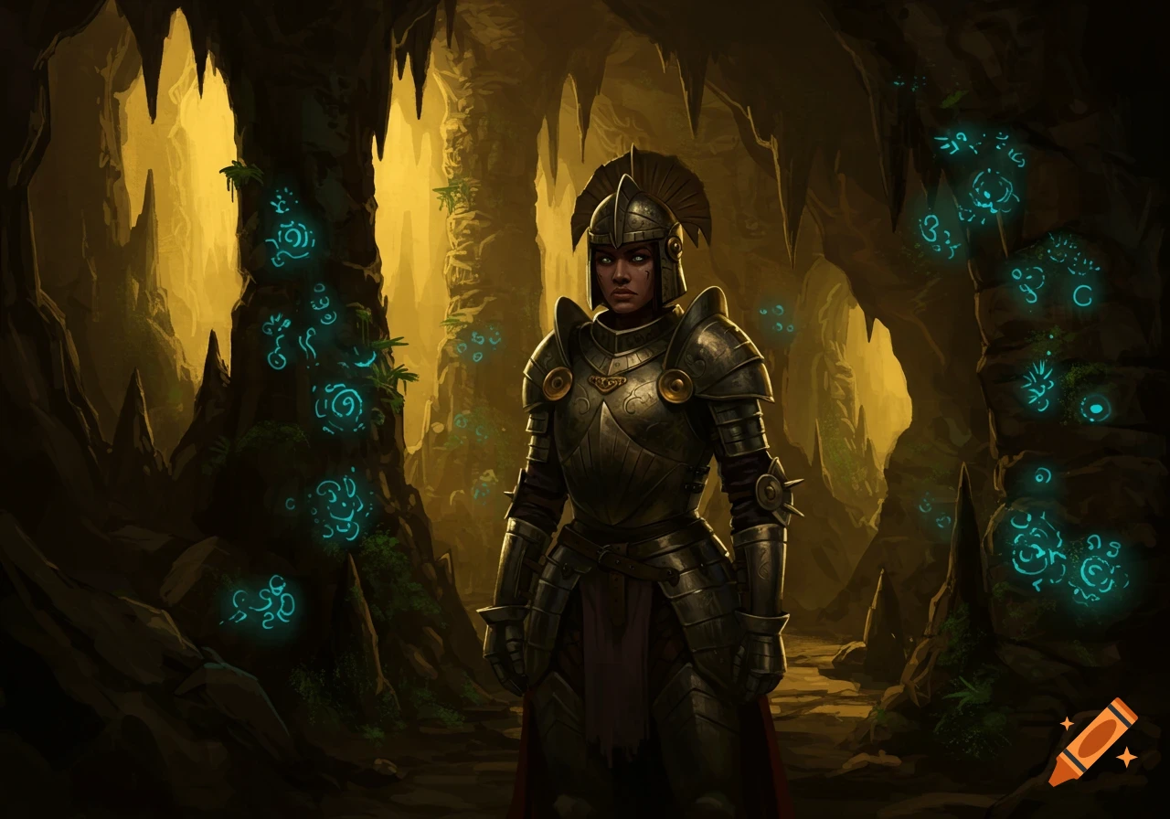 A female knight in full armor stands in a dark fantasy cave with glowing blue symbols, in an art style.