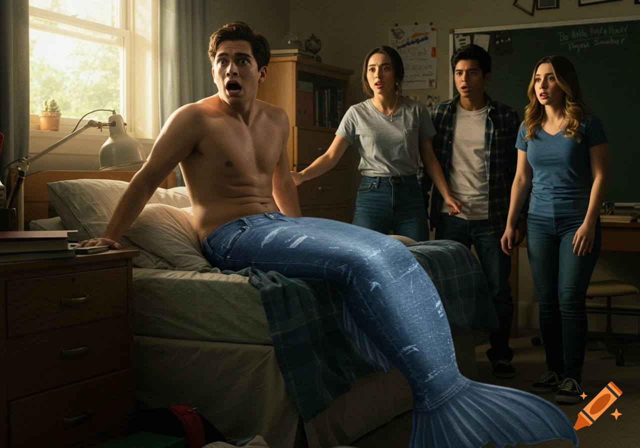 A shirtless high school guy with a denim mermaid tail sits on his bed, shocking two friends in his bedroom.