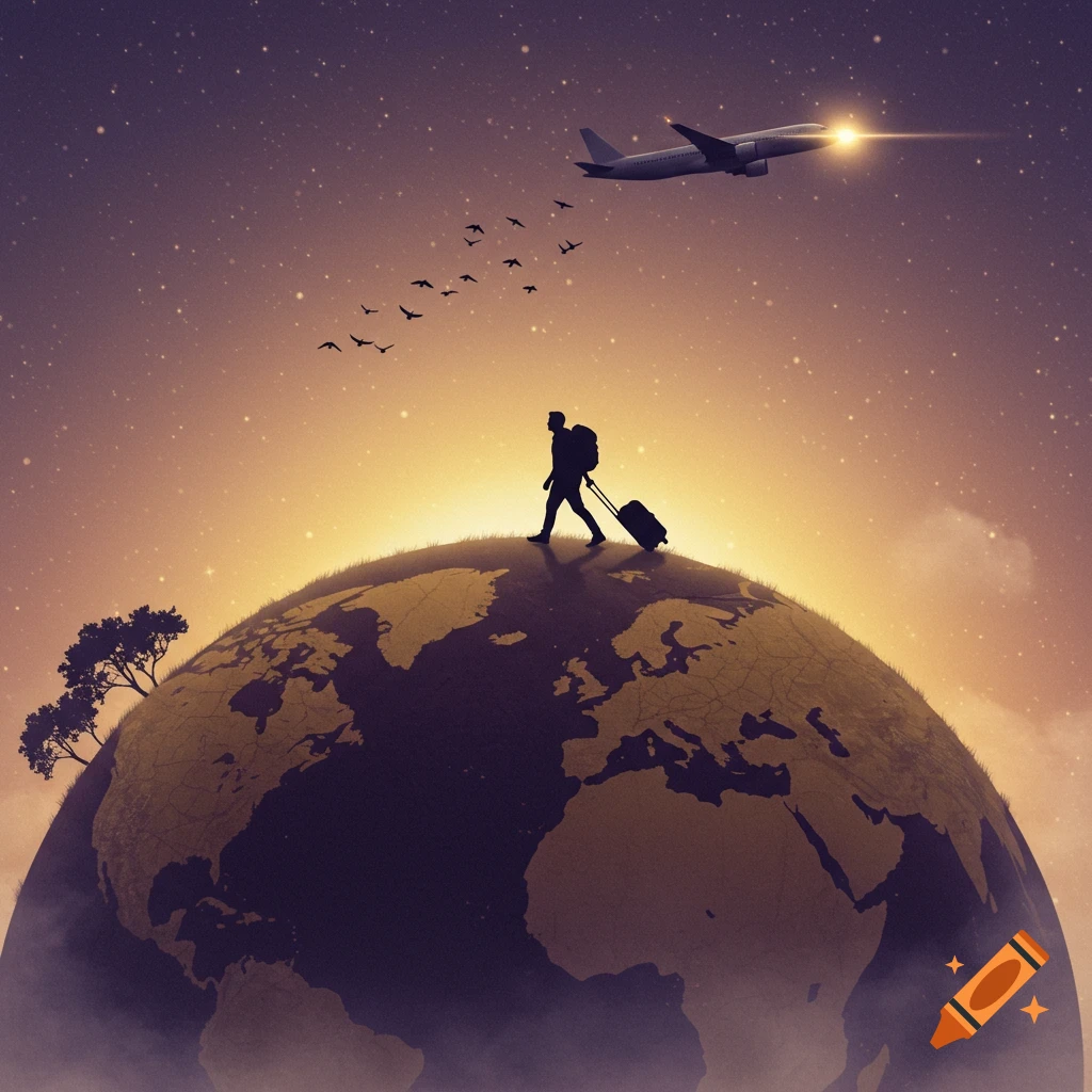 Silhouette of a traveler with luggage on a large globe at twilight, with an airplane and birds flying. Symbolic fantasy style.