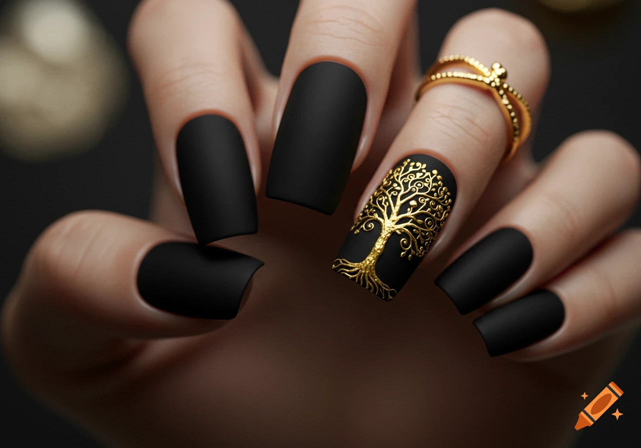 Hand with matte black nails, one with a gold tree design, and a gold ring.