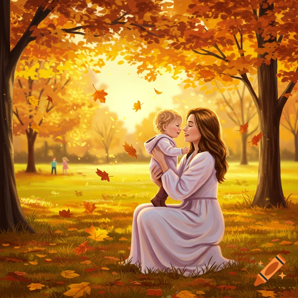 A loving mother holds her baby in an autumn park with golden trees and falling orange leaves.