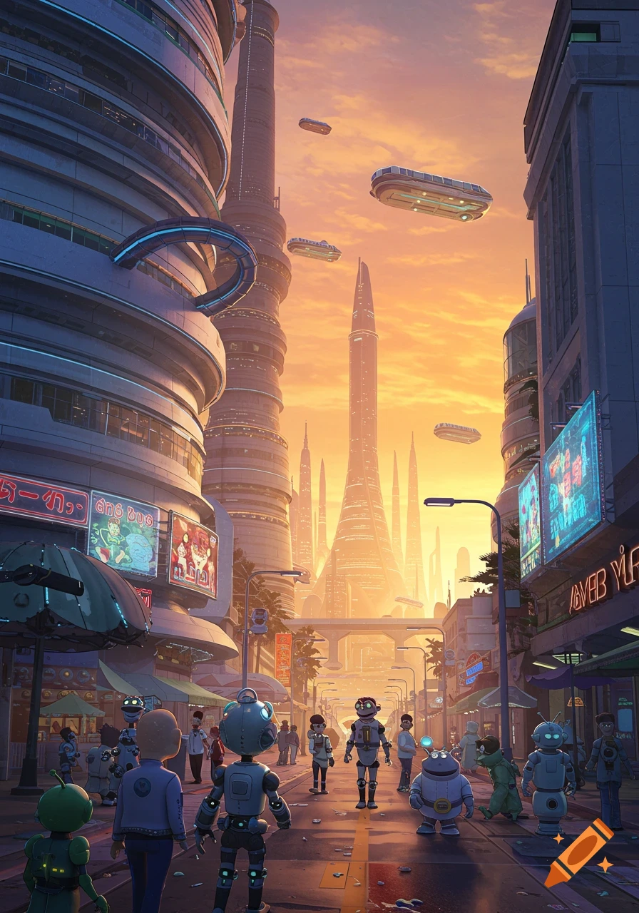 A vibrant cartoon-style futuristic city street at sunset, with tall, winding buildings, flying vehicles, and numerous robots and people walking on the bustling sidewalk.