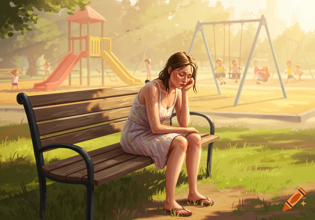 An illustration of a sweating, distressed woman sitting on a park bench, looking sad, with children playing in the sunny playground background.