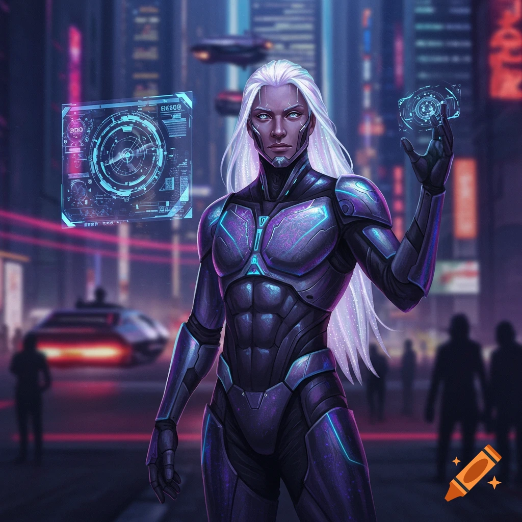 A futuristic character with long white hair and glowing purple and blue armor stands in a neon-lit cyberpunk city, interacting with holographic displays.
