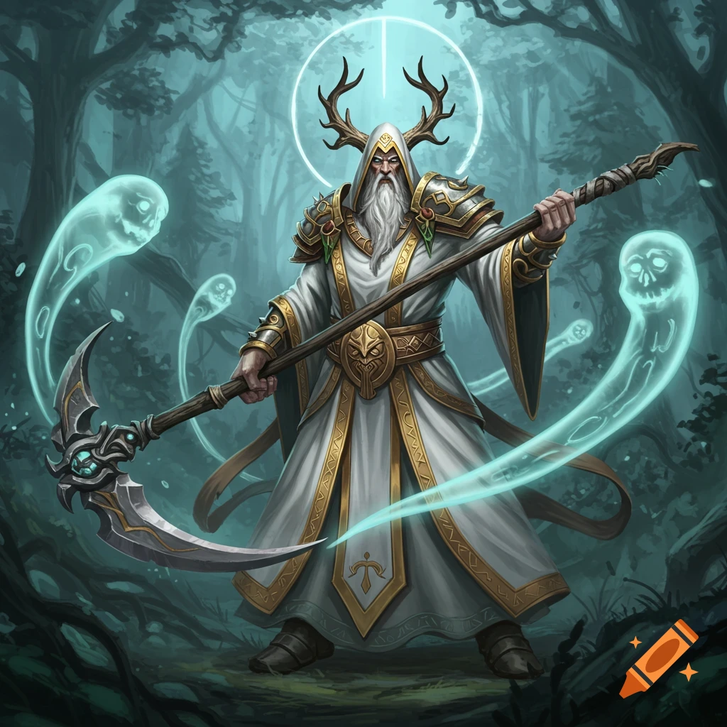 A wise druid with antlers and a white beard holds a scythe, surrounded by glowing spirits in a dark forest, in a detailed fantasy art style.