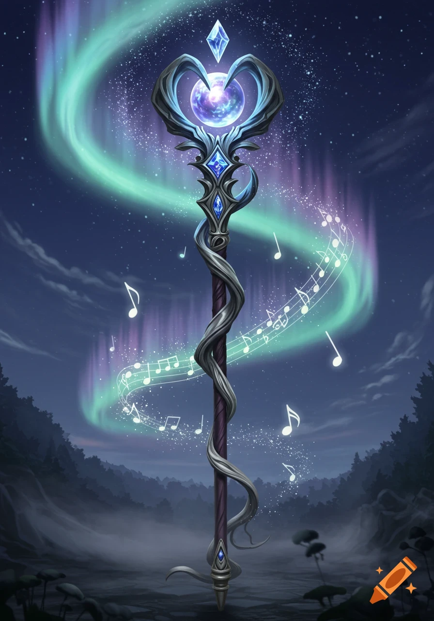 A magical staff with a glowing orb and crystal, surrounded by swirling music notes and aurora lights in a starry night sky.