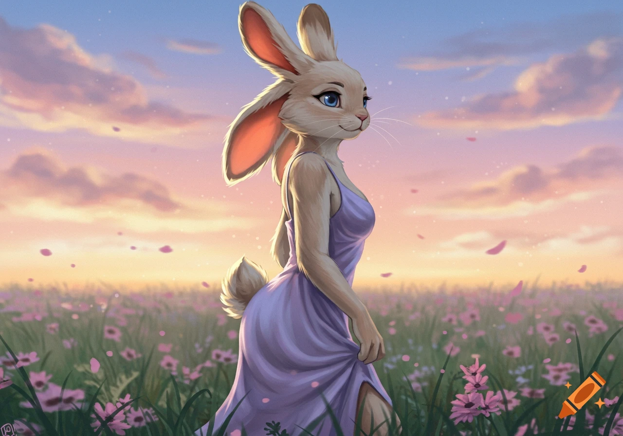An anthropomorphic rabbit in a purple dress stands in a field of pink flowers at sunset, looking to the right.