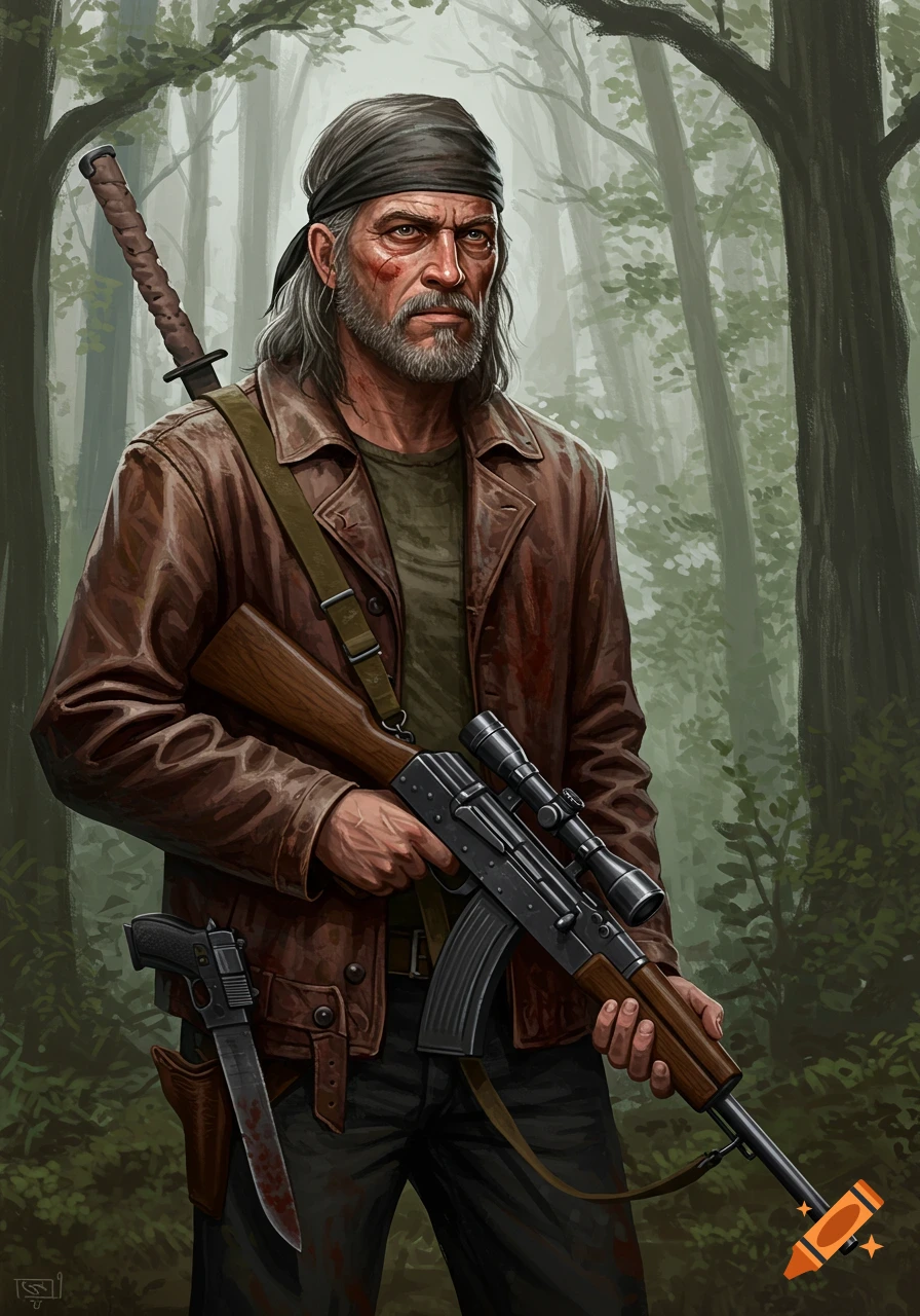 A grizzled man in a leather jacket and bandana holds a rifle, with a bloody knife and pistol, standing in a misty forest.