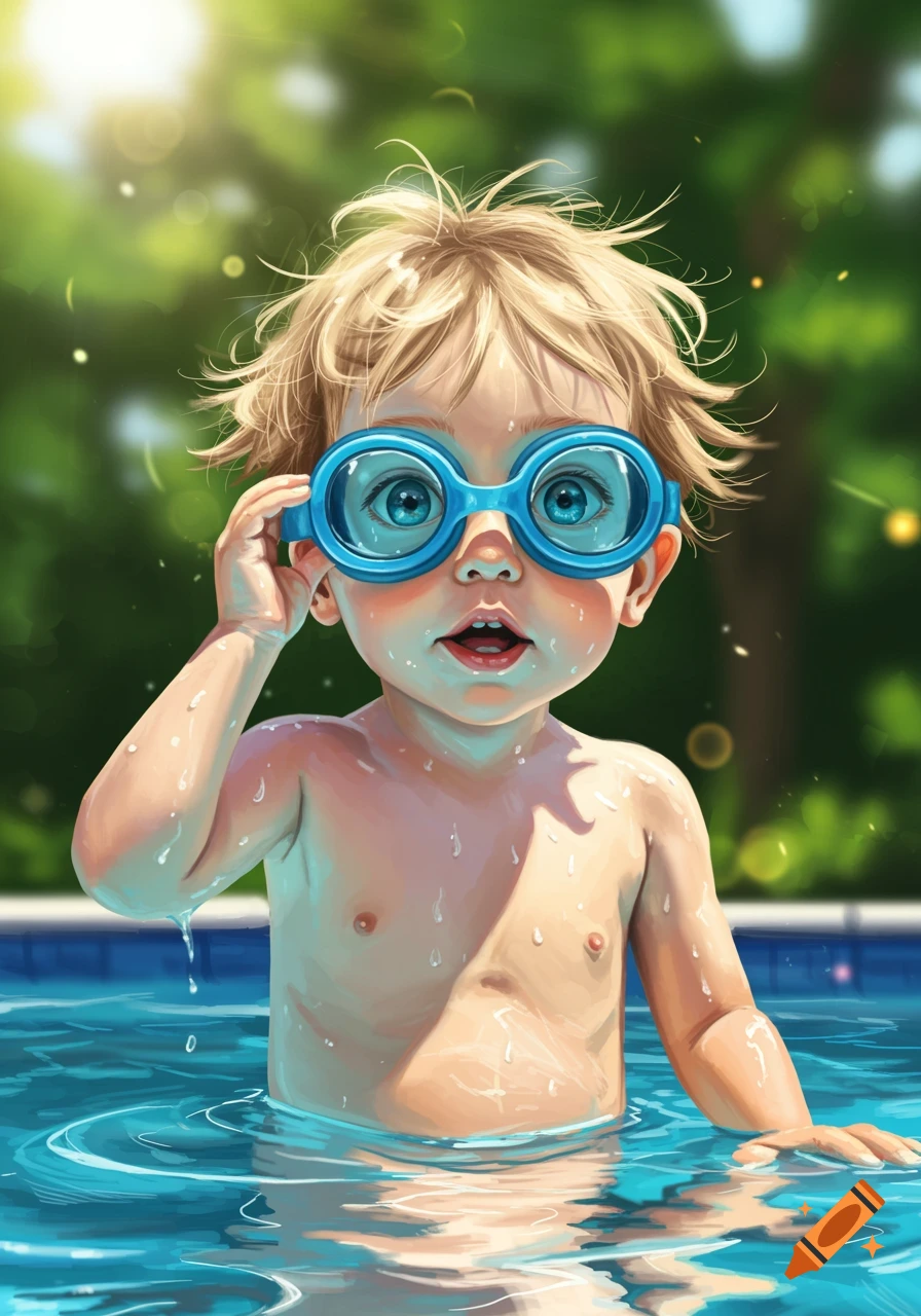 A cute blond child wearing blue swimming goggles stands in a pool, looking up at the sunlight. Digital illustration.