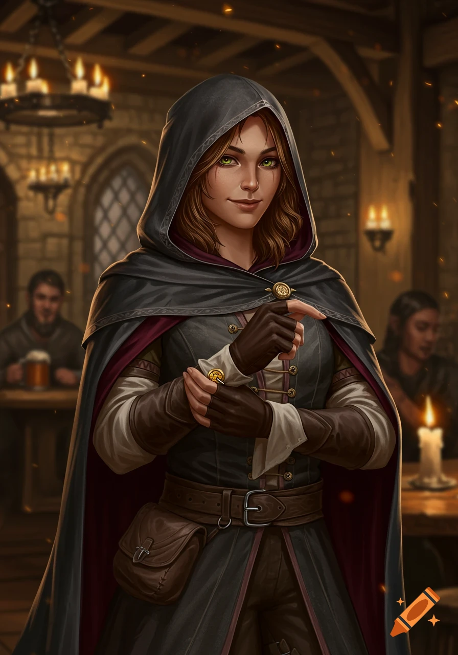 A detailed digital painting of a female rogue in a dark hooded cloak and leather gloves in a dimly lit tavern.