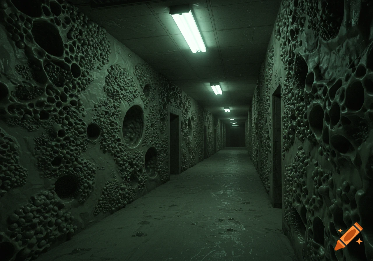 A dark, eerie hallway with walls covered in green, bubble-like trypophobic clusters and dim fluorescent lights on the ceiling.