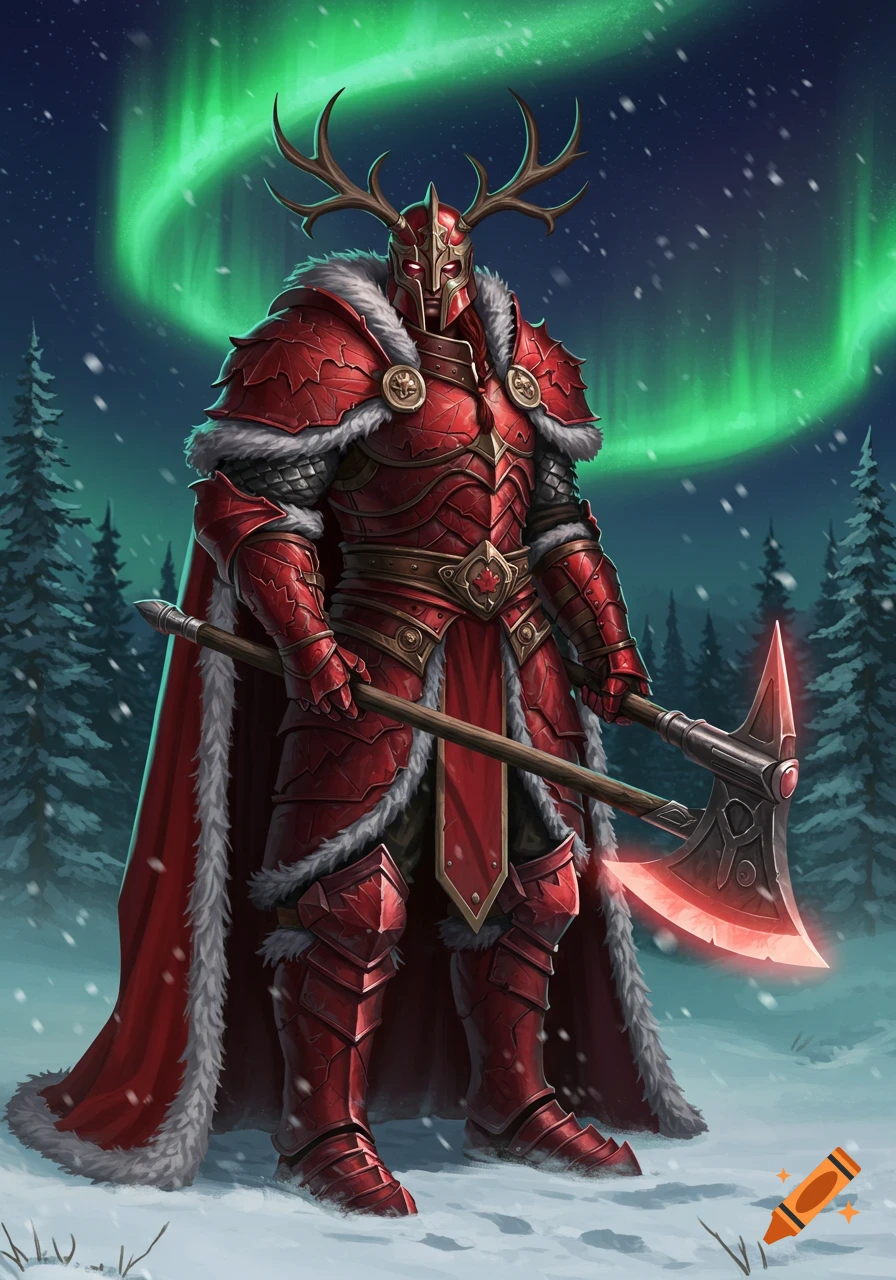 A powerful fantasy warrior in red imperial maple leaf armor with antlers and a fur cape stands in a snowy forest under northern lights, holding a glowing axe.