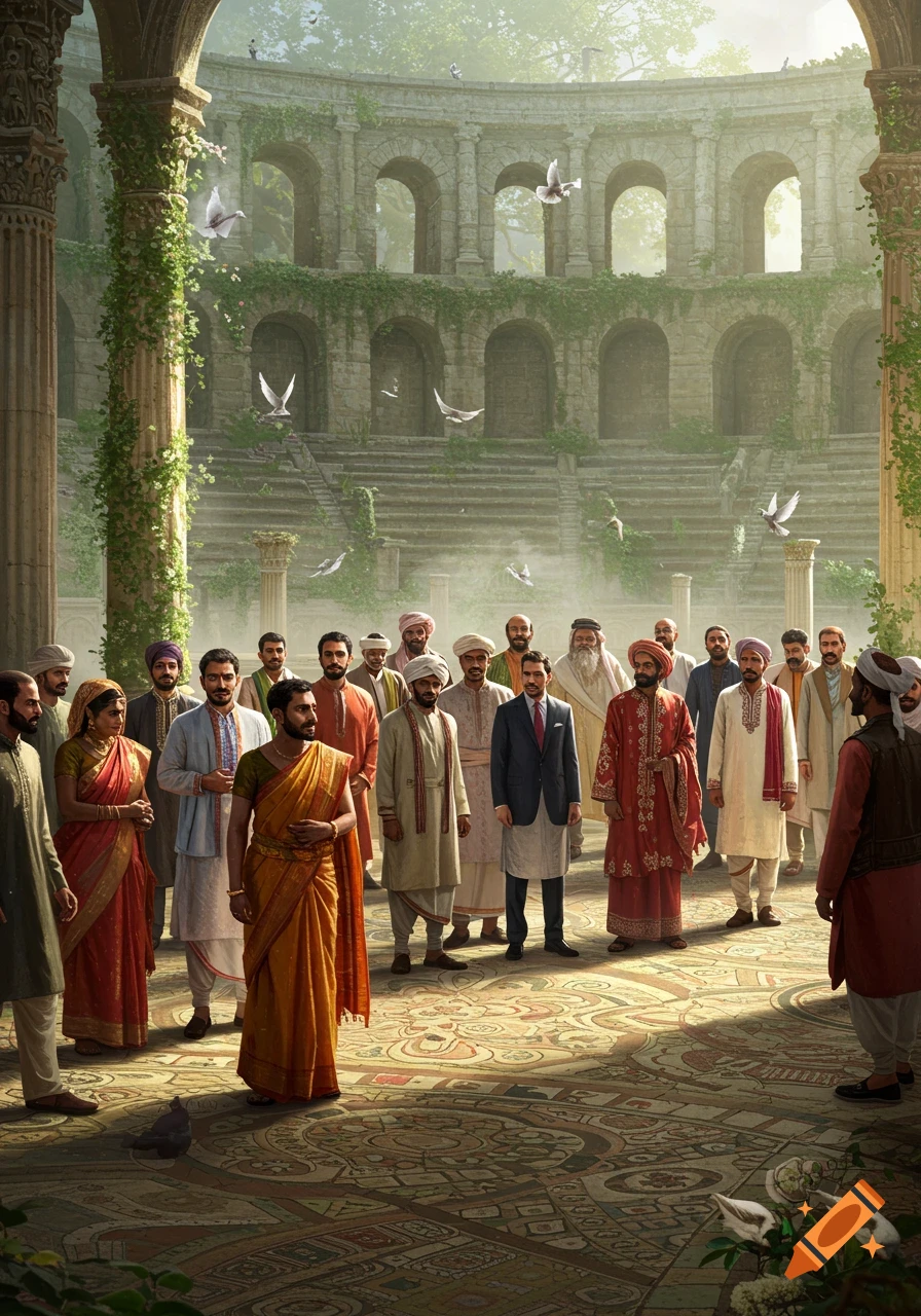 A large group of men in traditional South Asian attire gathered in an ancient stone courtyard with archways and pillars, and doves flying.