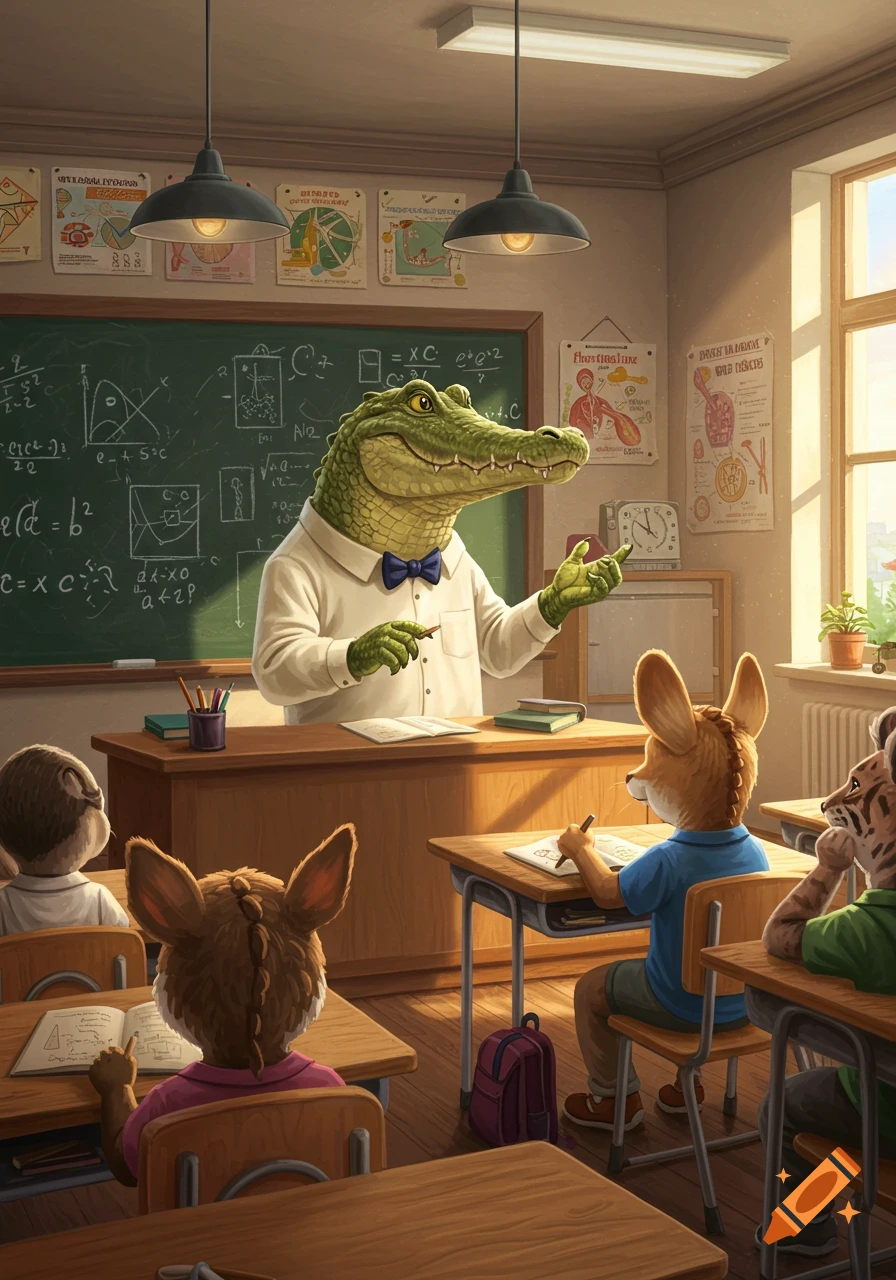 An anthropomorphic alligator teacher lectures a classroom of animal students, including a fox and a tiger, in a sunlit room.