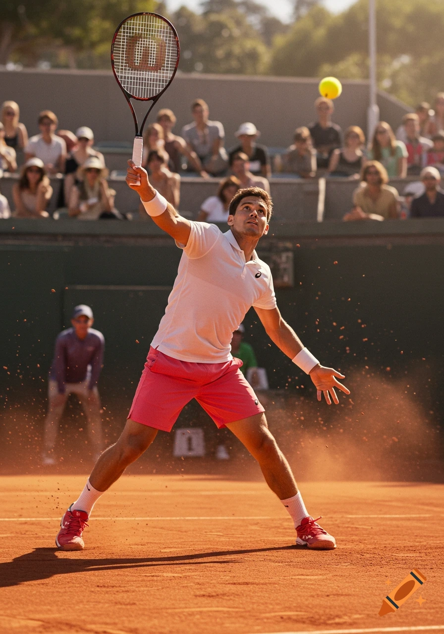 A male tennis player in a white shirt and red shorts hits a tennis ball on a clay court during a sunny day, with spectators in the background.