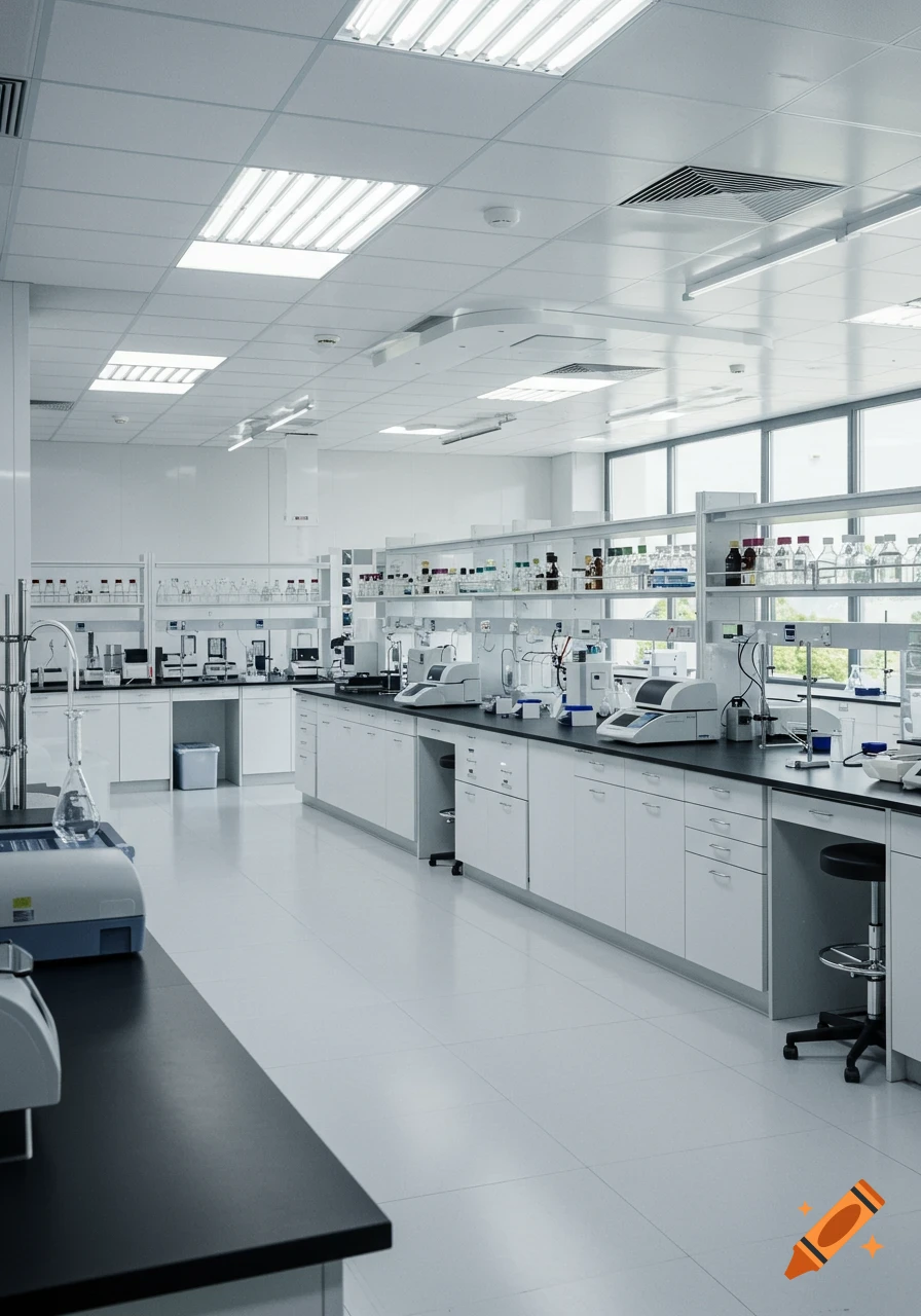 A clean, modern, white laboratory with scientific equipment and lab benches.
