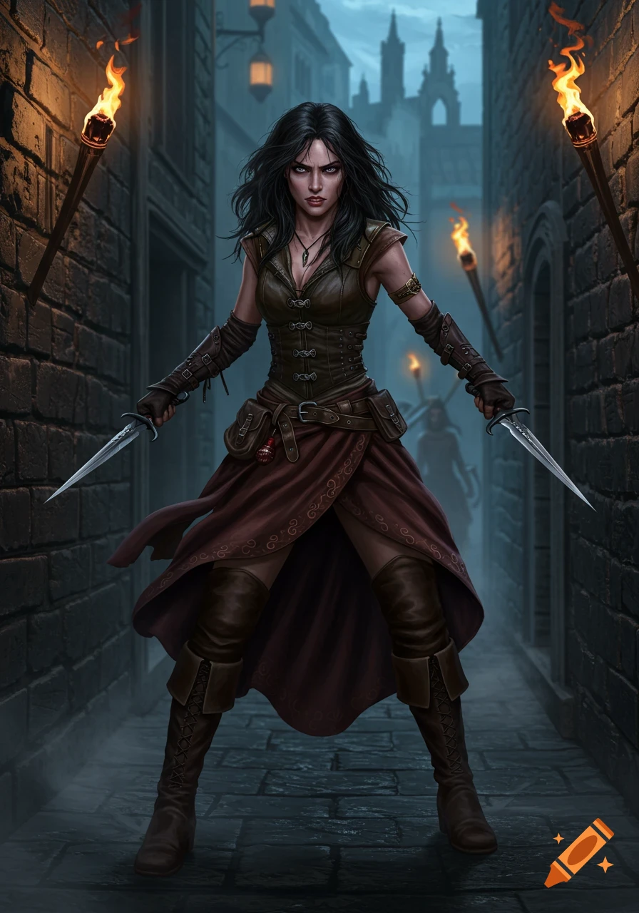 A fierce female fantasy thief with dark hair, wearing brown leather and a red skirt, stands in a dark alley wielding two daggers.