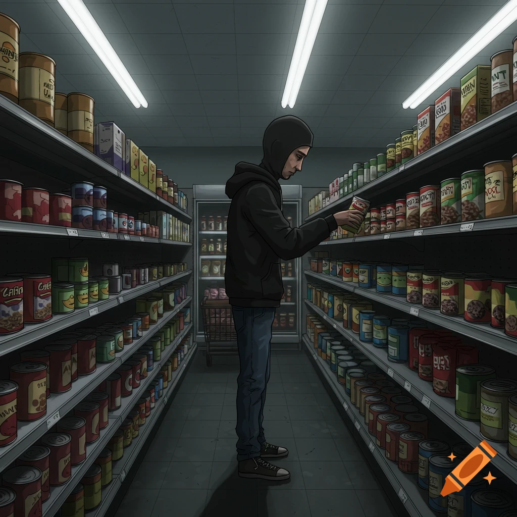 A man resembling a doomer meme character in a black hoodie stands in a dimly lit supermarket aisle, looking at canned goods.