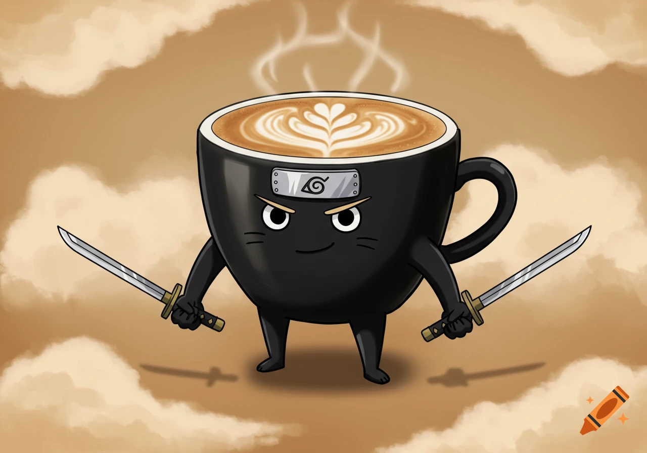 A cartoon black coffee cup character with a Naruto headband, holding two katanas, on a brown background with clouds.