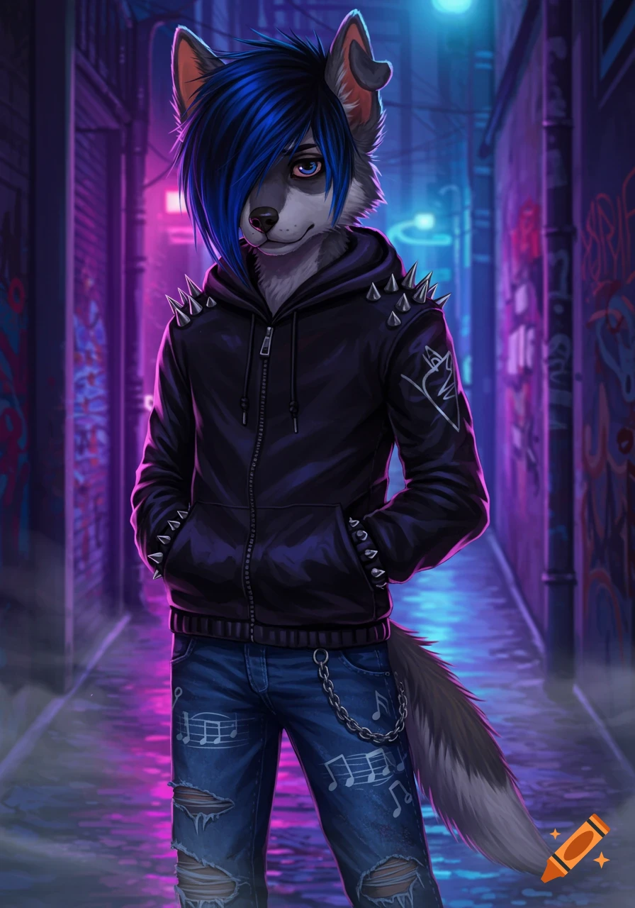 An anthropomorphic wolf with blue emo hair, black spiked hoodie, and ripped jeans stands in a neon-lit urban alleyway with graffiti.