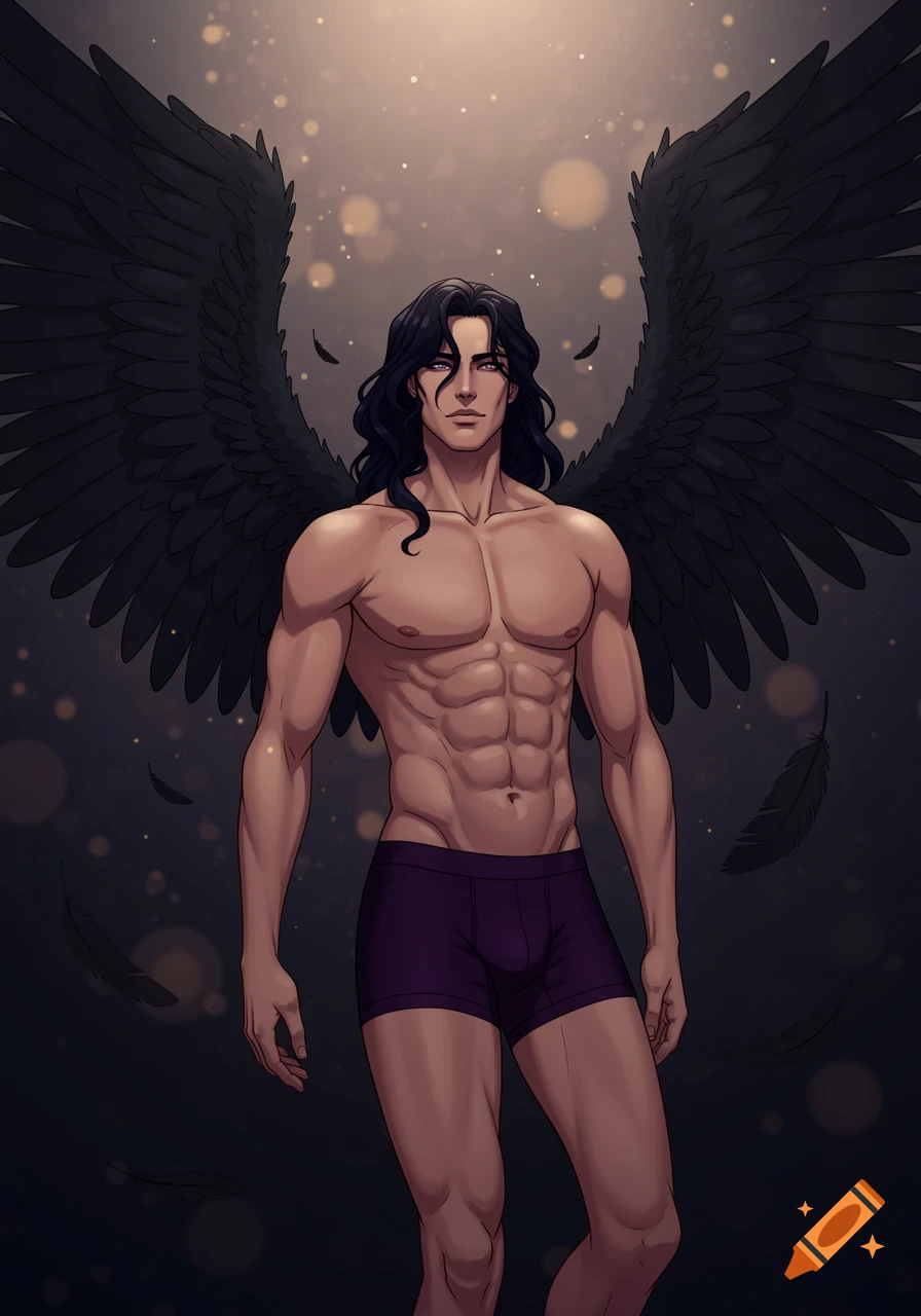 Anime-style illustration of a muscular man with black wings, long black hair, and purple eyes, wearing purple boxer briefs, against a dark, glowing background.