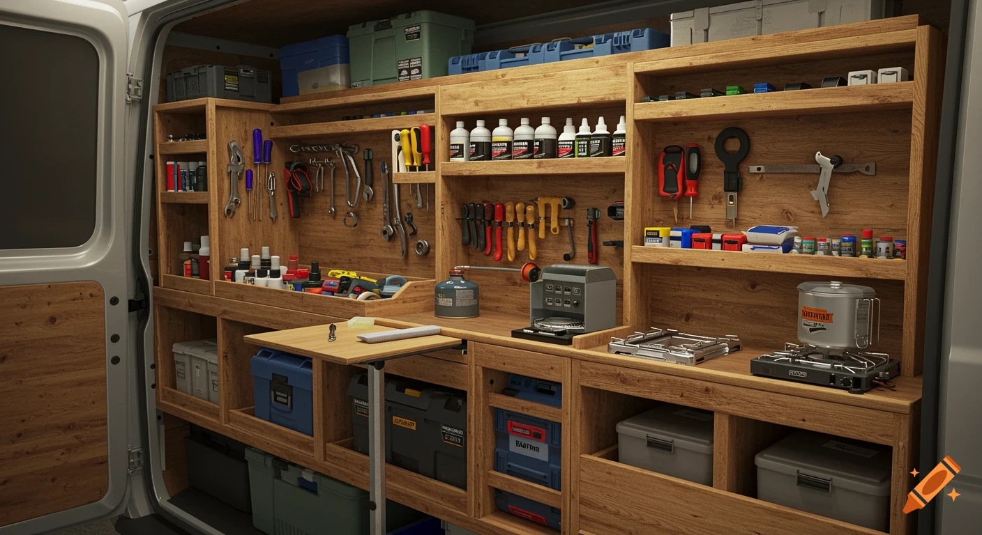 Photorealistic image of the organized wooden interior of a work van, featuring shelves filled with various tools, storage boxes, and camping equipment including a portable stove and pot.
