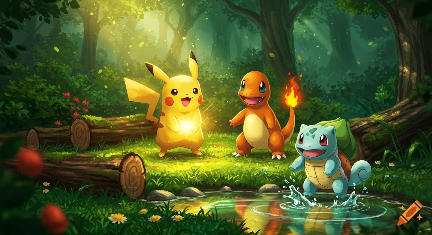 Pikachu, Charmander, and Squirtle playing in a vibrant, sunlit forest with a stream.