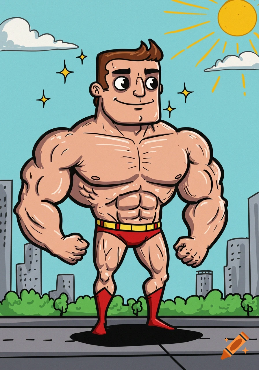 A muscular cartoon superhero in red briefs and boots stands proudly in a city, under a bright sun.