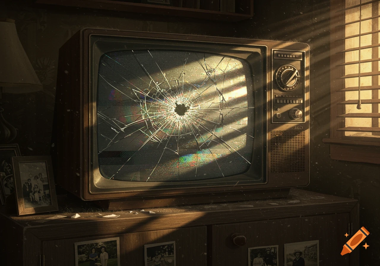 A vintage television set with a shattered screen sits on a wooden dresser in a dusty room, sunlight streaming through blinds.