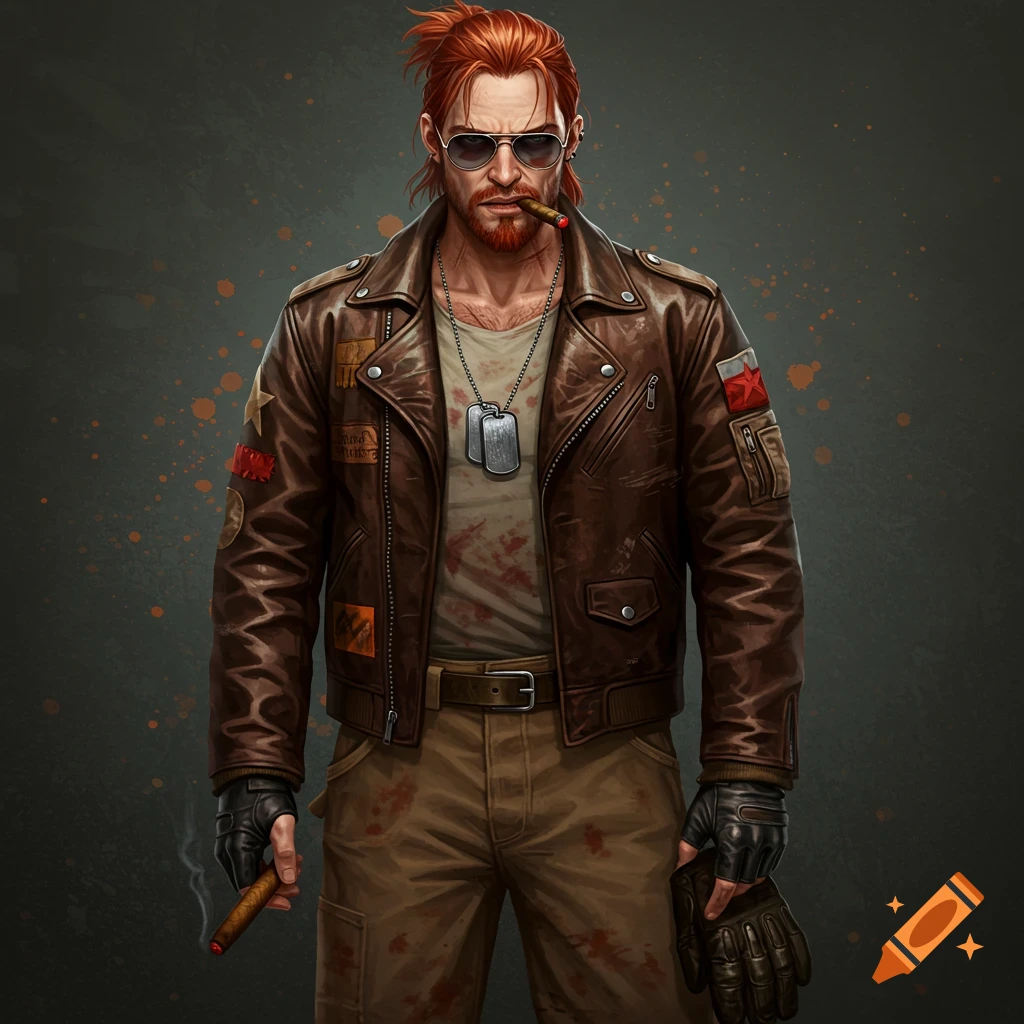A rugged red-haired man with a beard and sunglasses wears a patched leather jacket, dog tags, and holds a lit cigar.