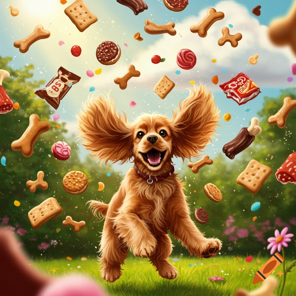 Happy cocker spaniel jumps in a grassy field as colorful treats and candies fall from the sky around it.