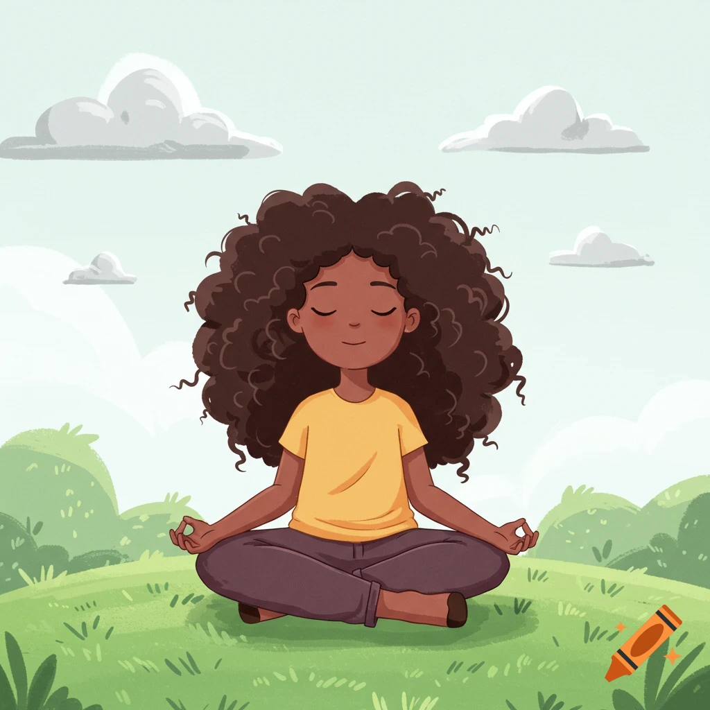 A cartoon person with dark curly hair meditating on a grassy hill under a sky with clouds.