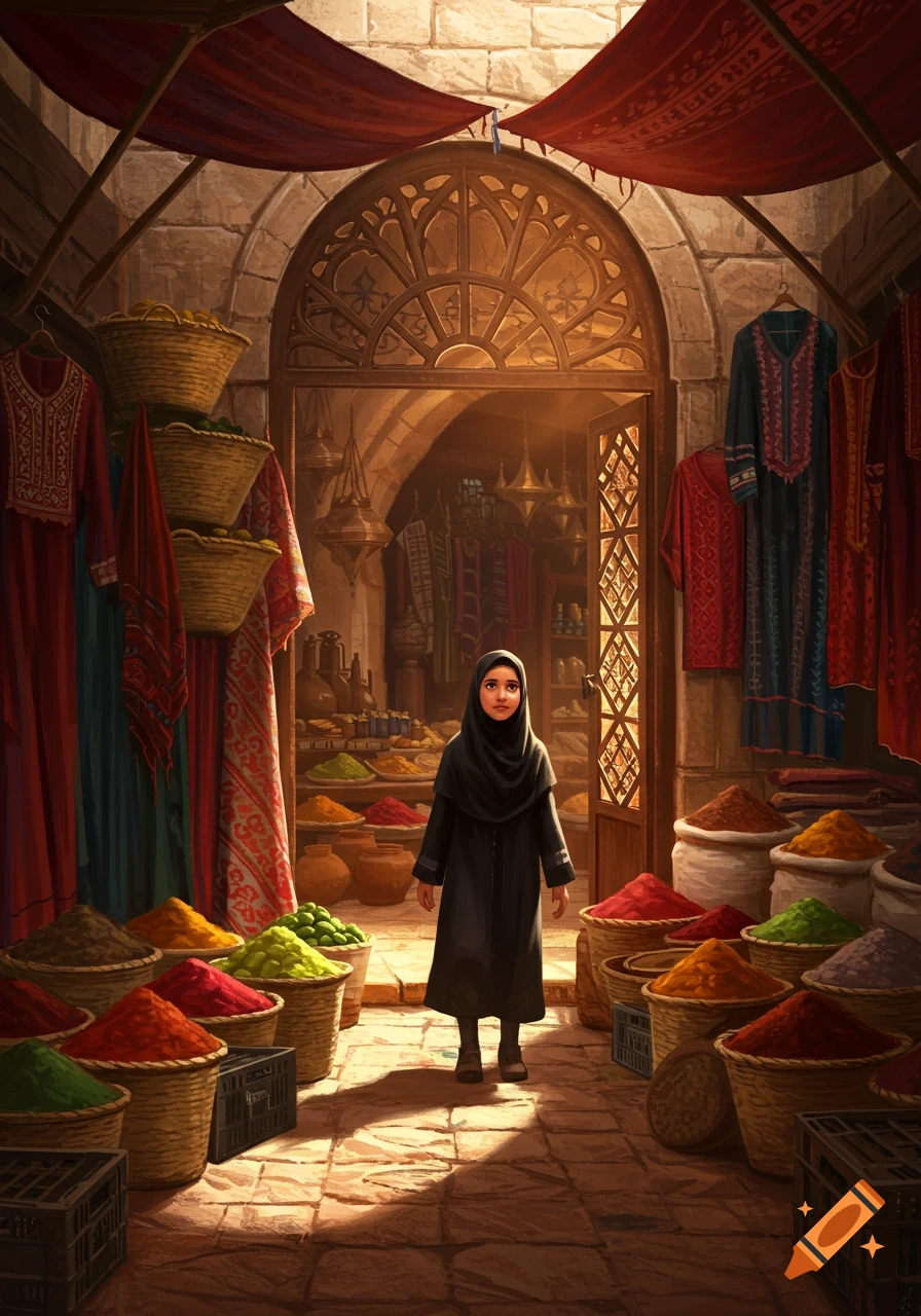A young girl in a black hijab stands in the sunlit entrance of a vibrant market, surrounded by colorful spices and fabrics.