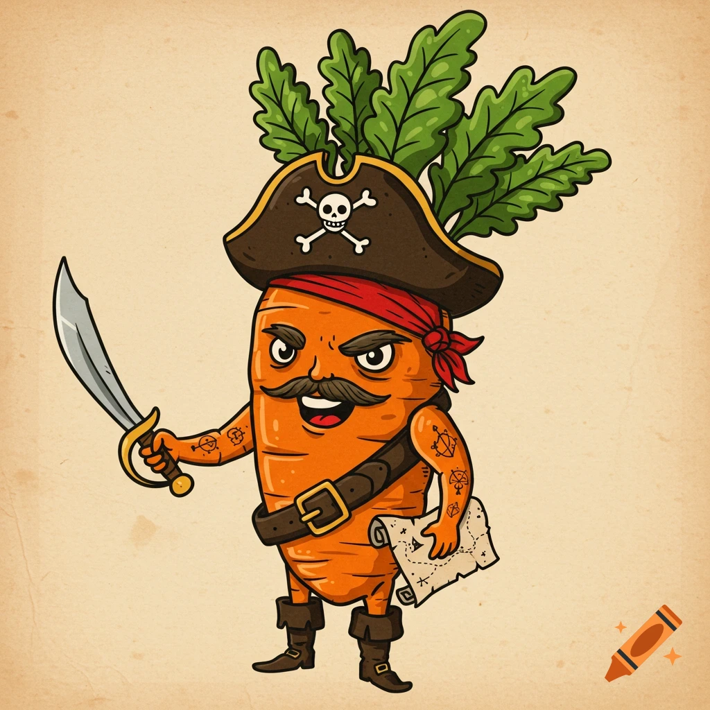 A cartoon pirate carrot with a mustache and tattoos, holding a sword and a treasure map, wearing a pirate hat with a skull and crossbones.