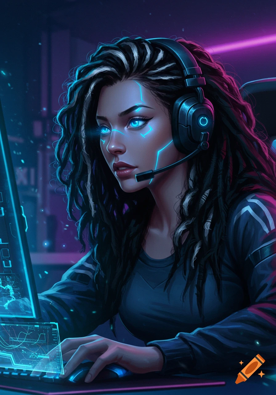 A cybernetic female gamer with glowing blue eyes and dreadlocks wearing headphones, looking intently at a futuristic monitor.