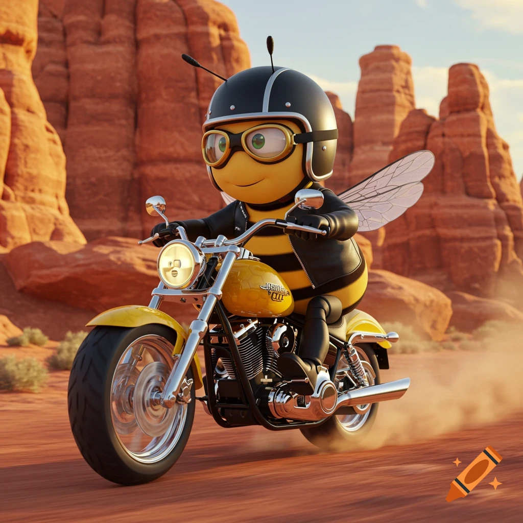 A cartoon bee wearing a black helmet and leather jacket rides a yellow motorcycle through a red rock desert.