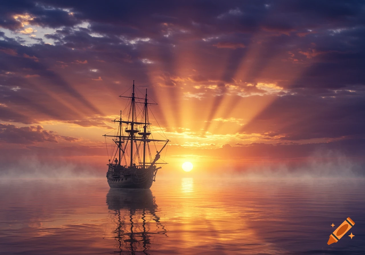 Lonely wooden ship on a calm sea at sunset, with dramatic sun rays piercing through the clouds.