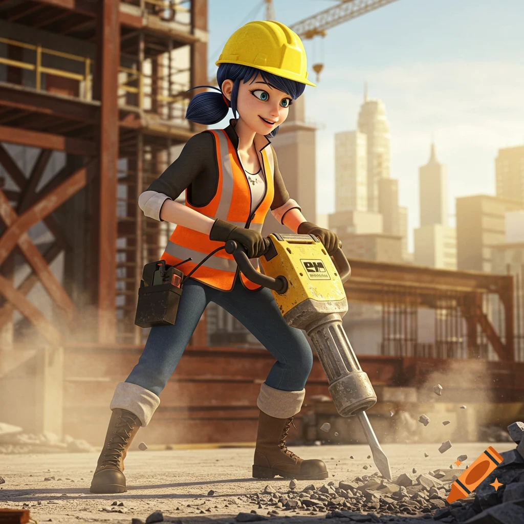 An animated female character in a hard hat and safety vest uses a jackhammer at a construction site.
