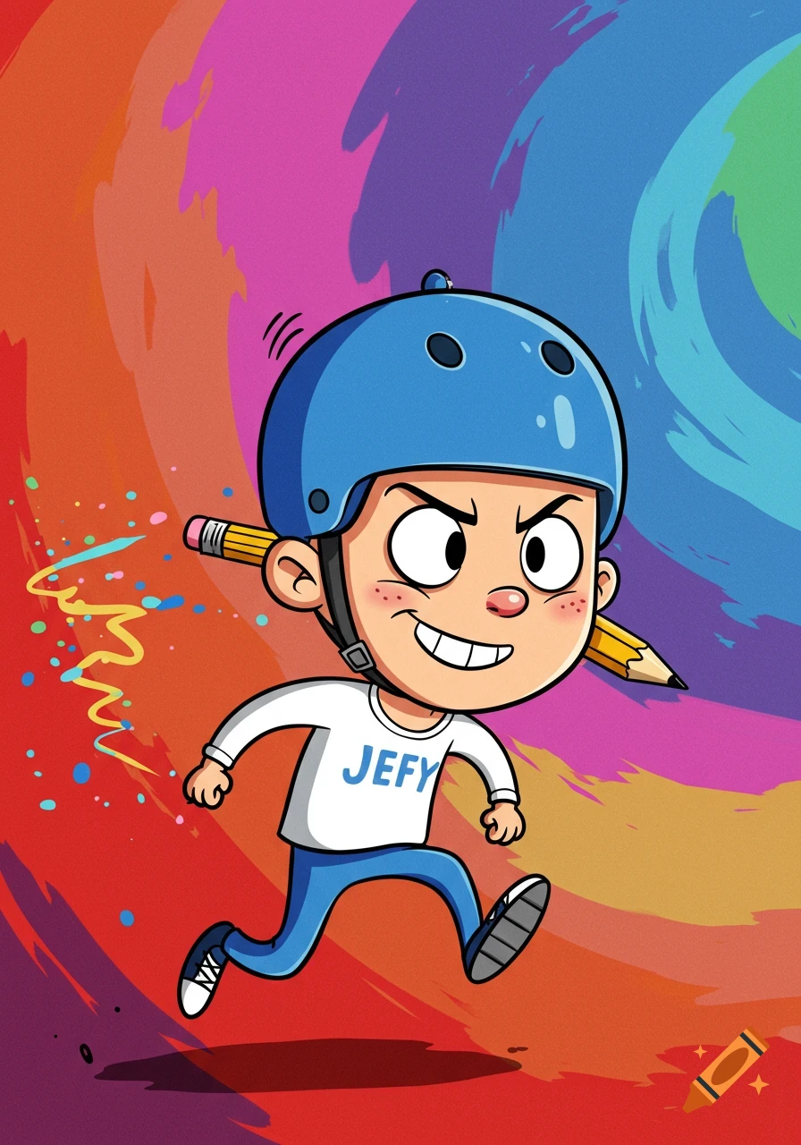 A cartoon boy in a blue helmet with a pencil behind his ear runs against a vibrant, colorful background, wearing a white shirt that says 'JEFY'.