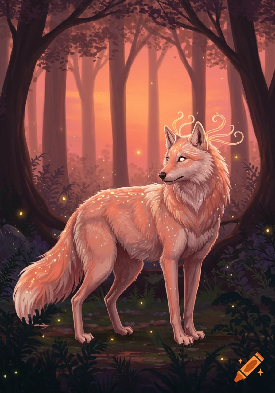 A peach-colored, magical wolf with glowing tendrils on its head stands in a mystical forest at sunset, illuminated by golden light.