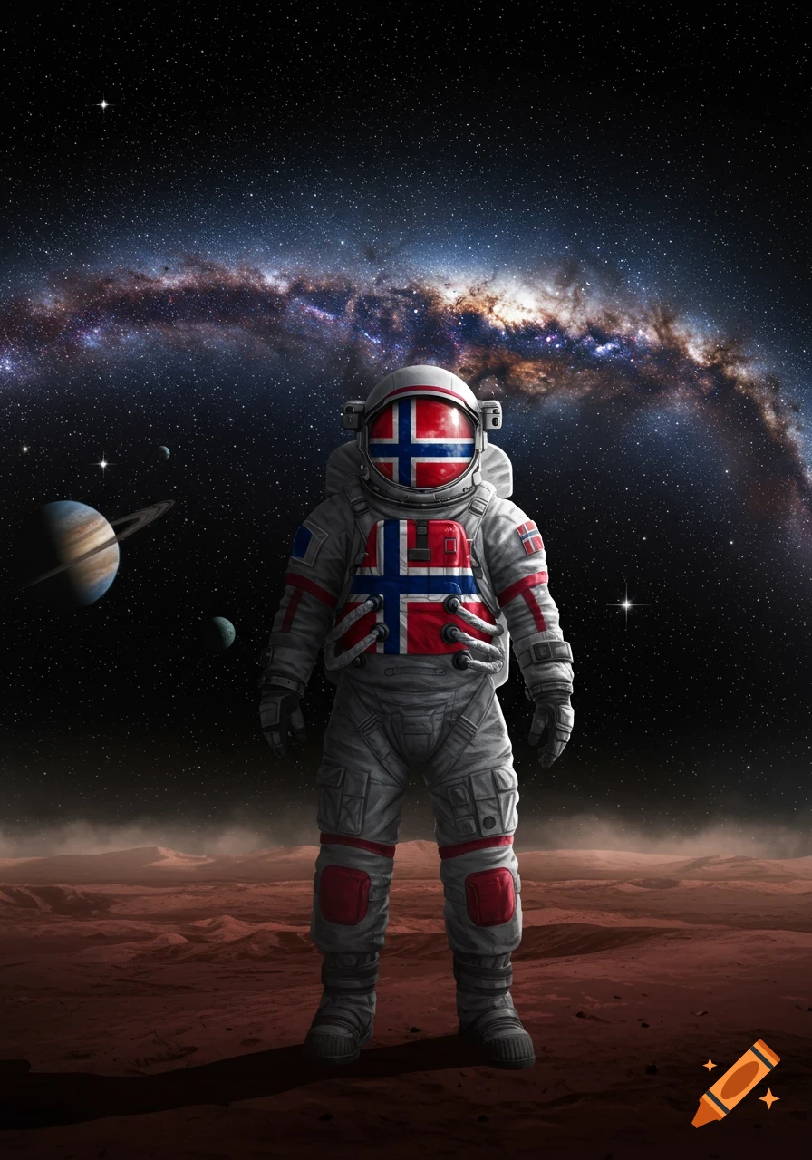 An astronaut wearing a suit with the Norwegian flag stands on a red planet under a starry sky with the Milky Way and ringed planets.