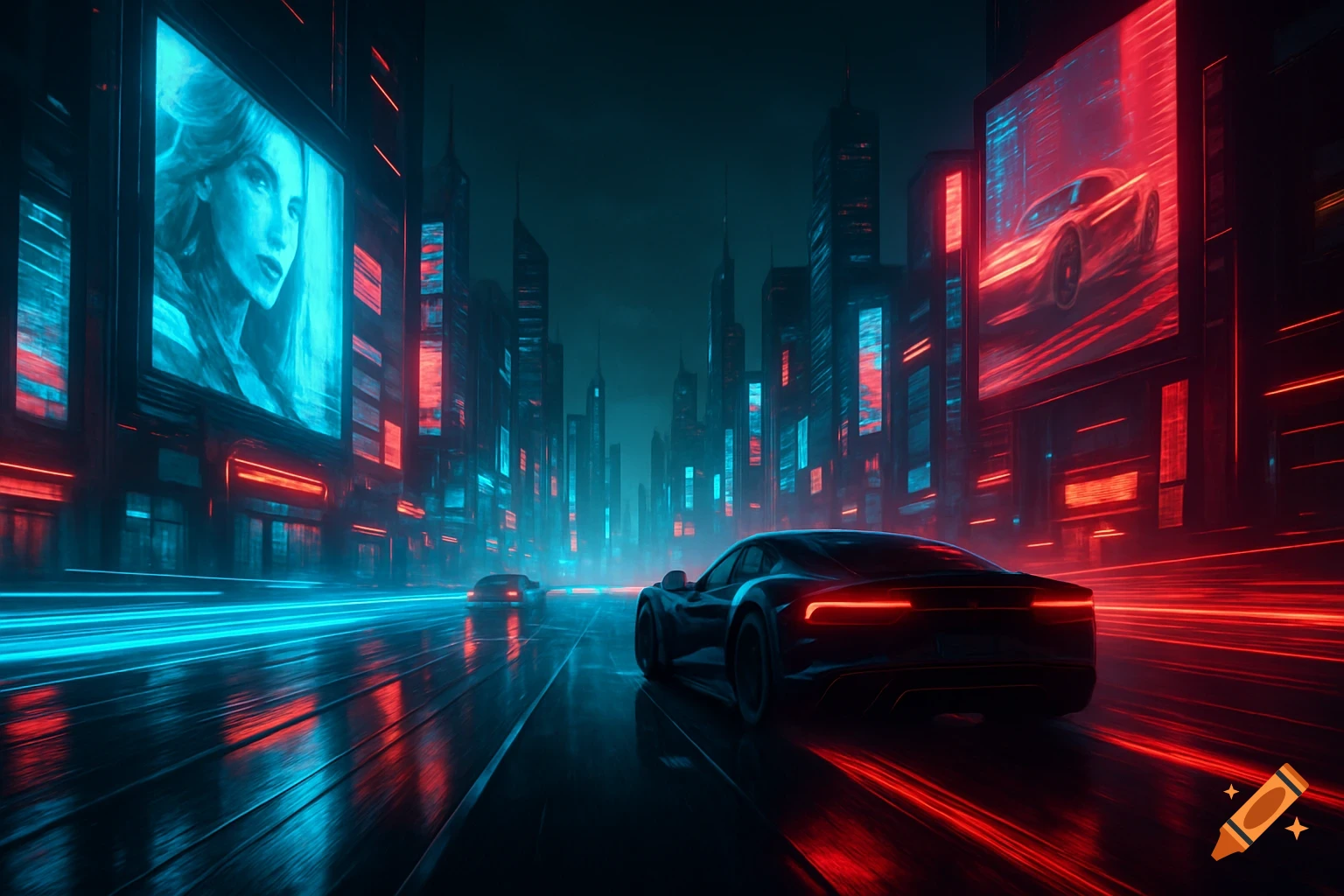 Futuristic cyberpunk city street at night with neon lights, cars, and large glowing billboards.