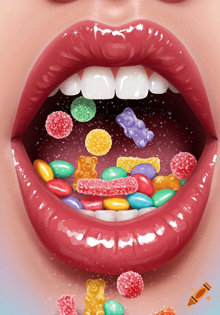 Illustration of a glossy red mouth with white teeth, filled with colorful candies like gummy bears and sugar-coated sweets.