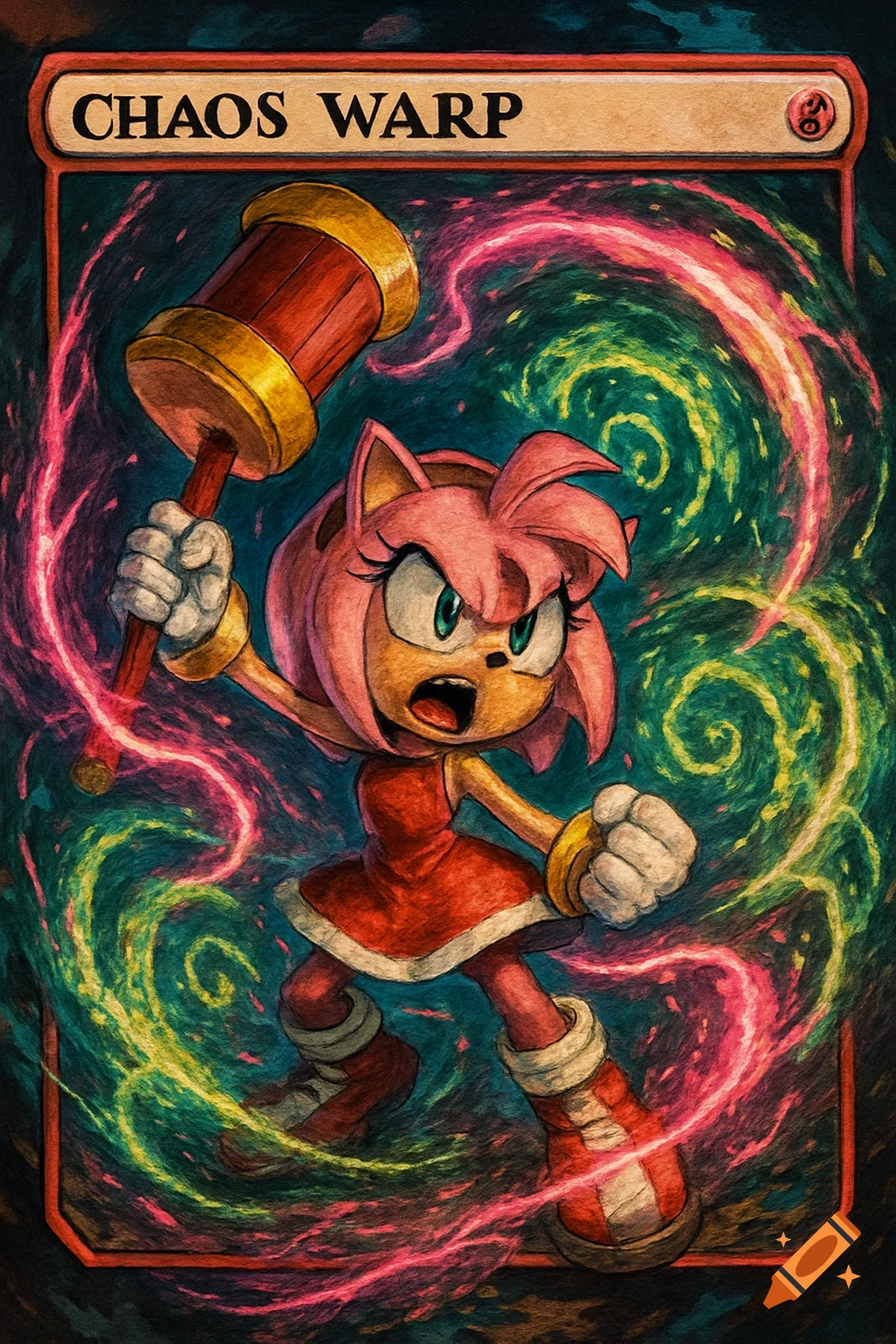 Amy Rose, a pink hedgehog, holds a hammer amidst swirling energy, depicted as a Magic: The Gathering card titled 'CHAOS WARP'.