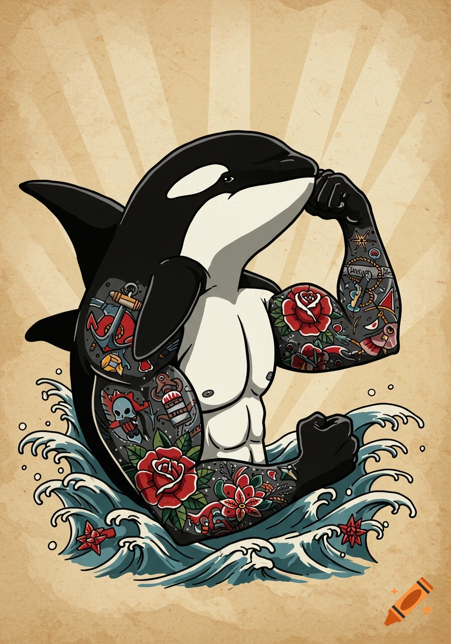 An anthropomorphic orca with muscular, heavily tattooed arms flexing a bicep, in traditional American tattoo style.