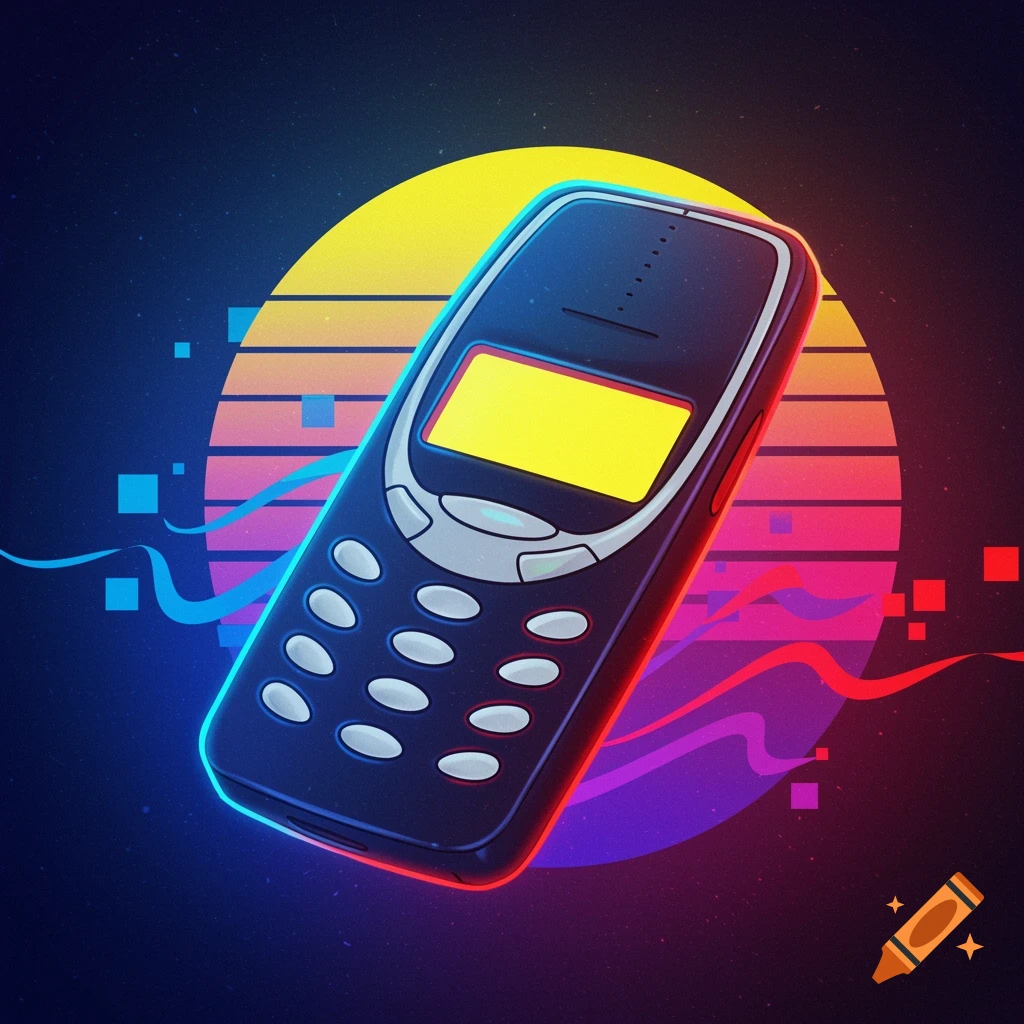 A Nokia 3310 mobile phone rendered in a neon retro vaporwave style with a sunset and abstract elements.
