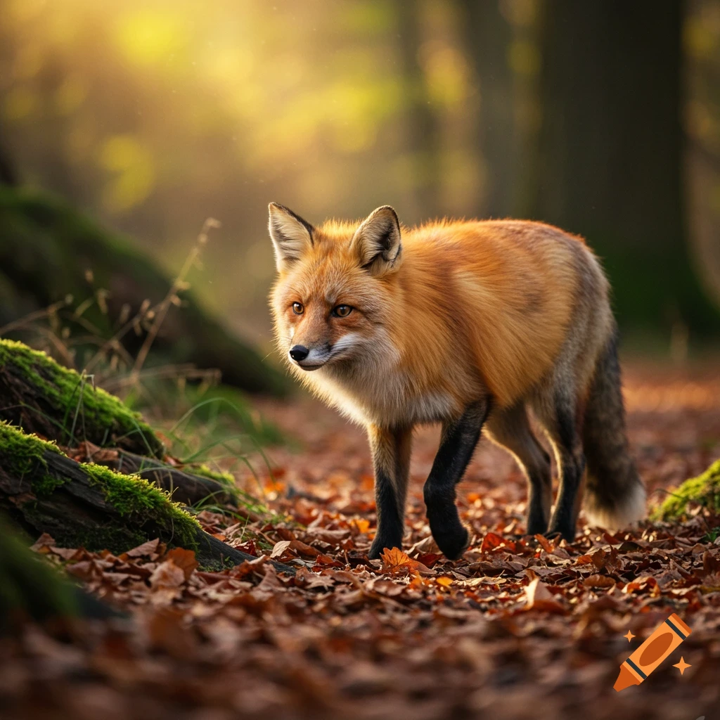 A photorealistic red fox walks through a sunlit autumn forest covered in fallen leaves.