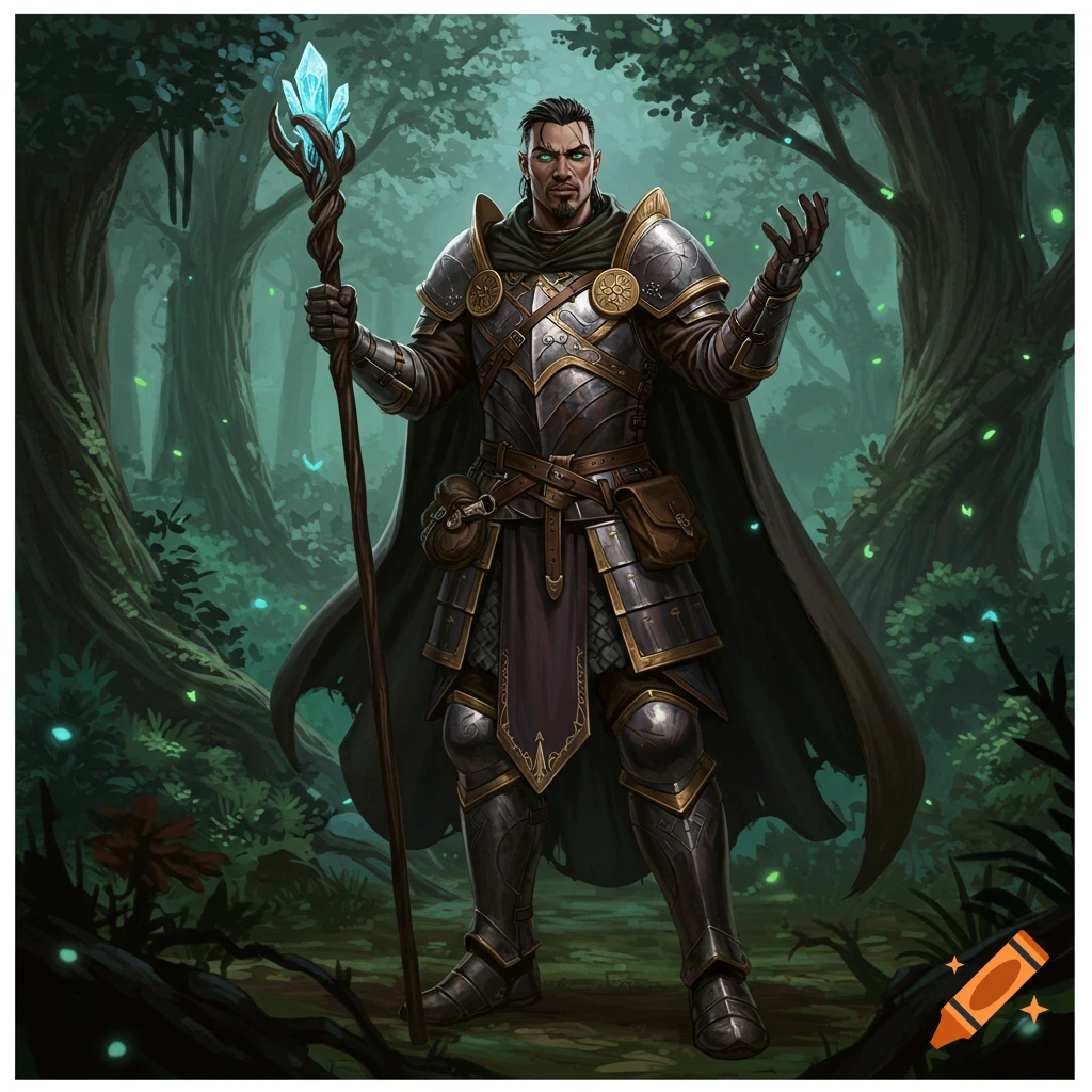 A man in ornate silver and gold armor with a dark cape stands in a mystical forest, holding a staff with a glowing blue crystal.